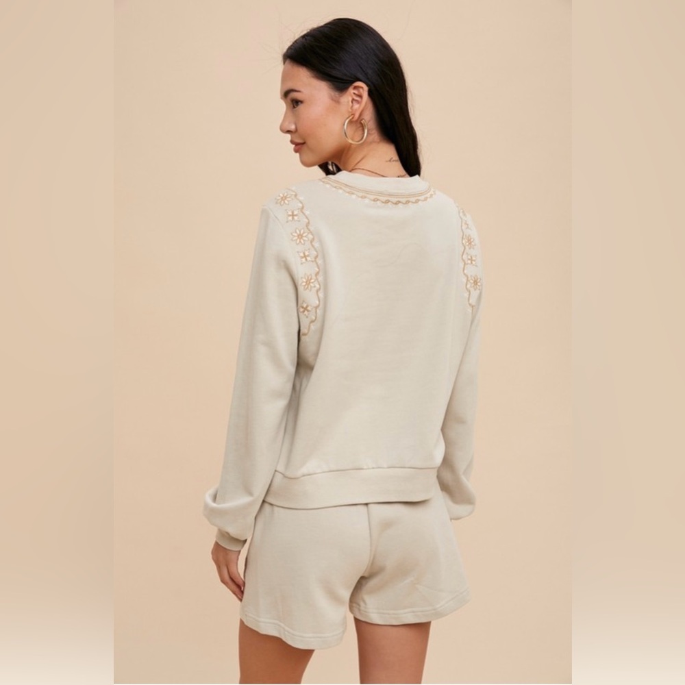 Women’s Embroidered Cream Lounge Sweatshirt and Shorts Set - Picture 5 of 5